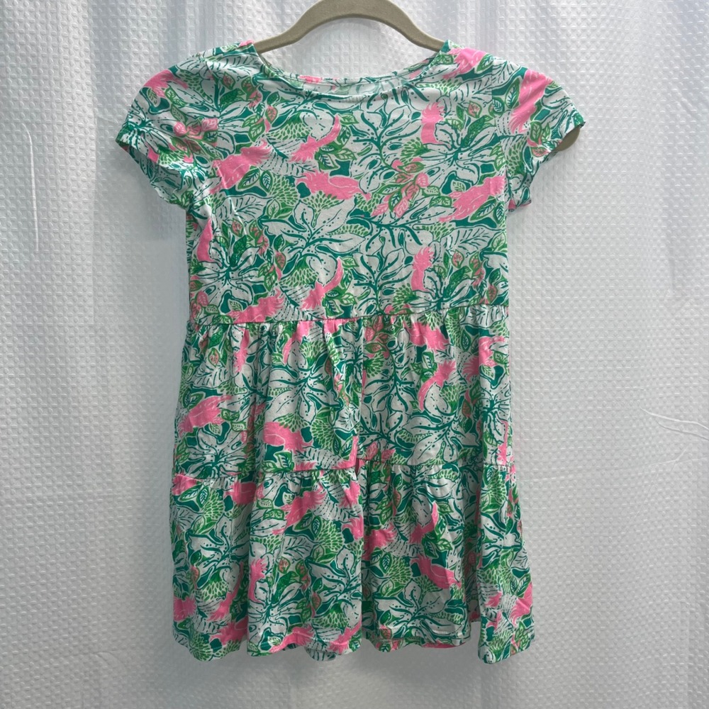 Lilly Pulitzer Girls Pink Cockatoo Green Tropical Tiered Cotton  Dress M 8-10